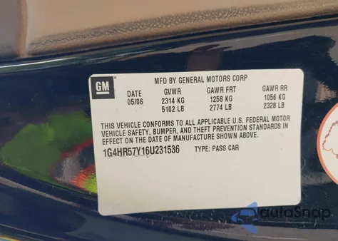 2006 Buick Lucerne Cxl z USA, uszkodzony, nr VIN 1G4HR57Y16U231536